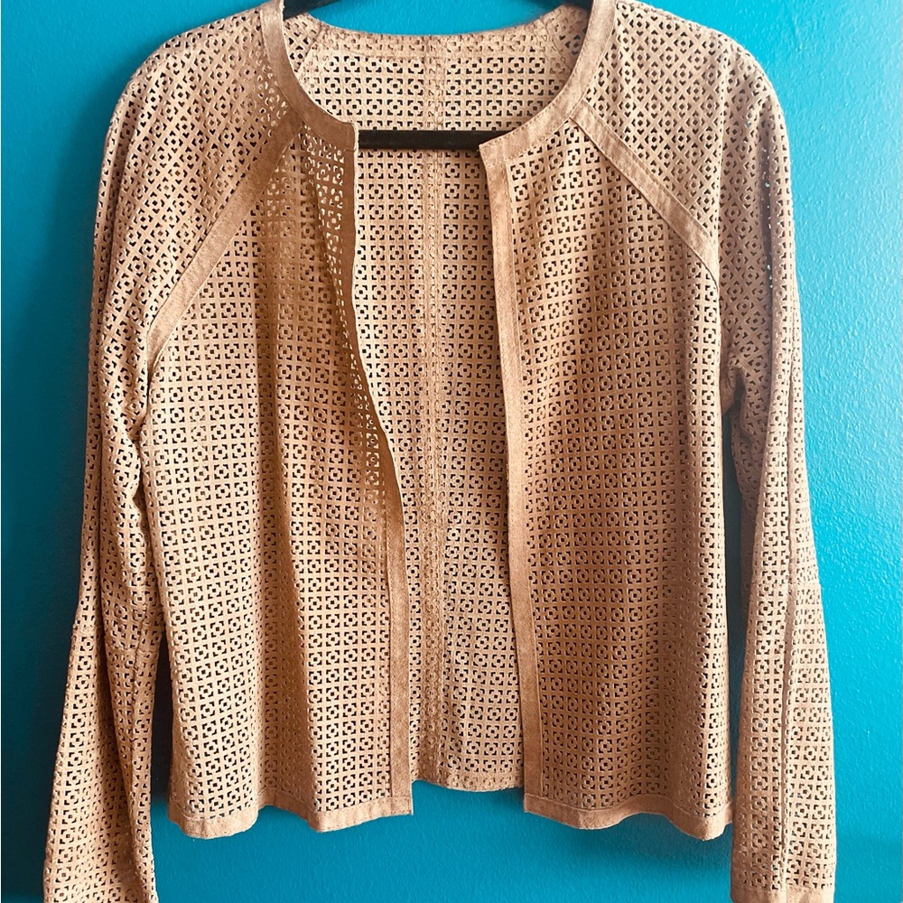 Dana Buchman Tan Laser-Cut Open Front Jacket